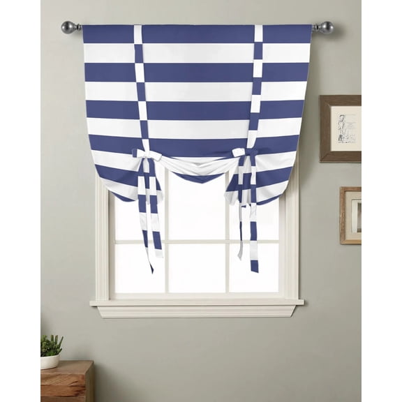 Stripes Navy Blue Window Curtain for Living Room Roman Curtains for Kitchen Cafe Tie Up Short Drapes