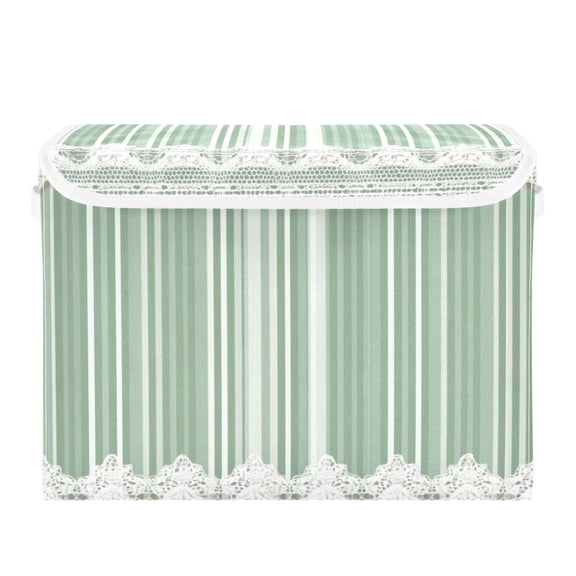 Stripes Pattern in Green with Lace Foldable Storage Bins with Lids Handles Collapsible Storage Containers Tote Boxes 16.5 x 12.6 x 11.8 inches