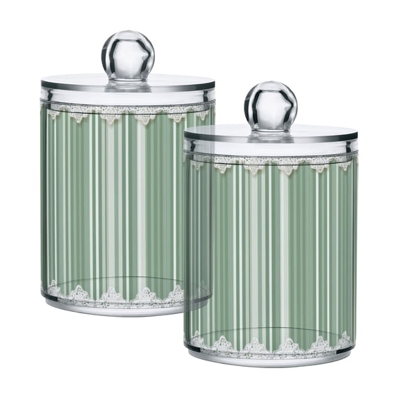 Stripes Pattern in Green with Lace Translucent Plastic Cans Storage Canisters with Lid Set of 2