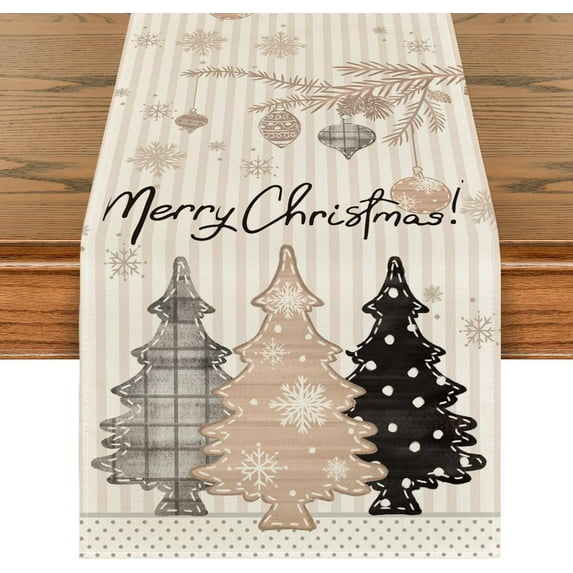 Stripes Pine Trees Merry Christmas Table Runner, Winter Xmas Holiday Kitchen Dining Table Decoration for Home Party Decor