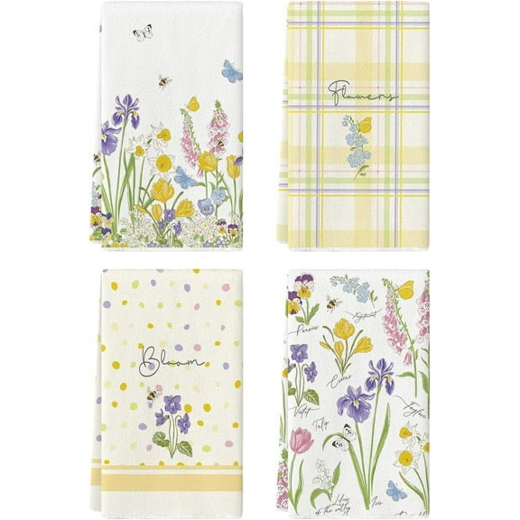 Stripes Polka dots Bloom Flowers Butterfly Bee Spring Kitchen Towels Dish Towels, 18x26 Inch Seasonal Summer Decoration Hand Towels Set of 4