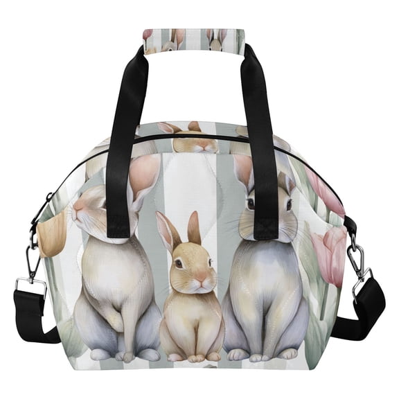 Stripes Rabbit Family Tulips Easter Insulated Lunch Bag Reusable Quilted Lunch Box Waterproof Leakproof Lunch Container
