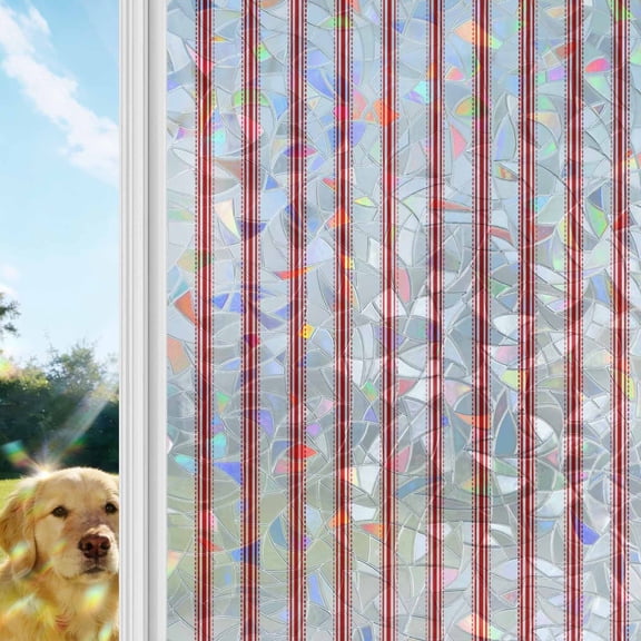Stripes Rainbow Window Privacy Film, Modern Art Red Beige Stained Glass Window Film, Sun Blocking Glass Clings Static Cling Non Adhesive Door Stickers 29.5 x 118 Inches