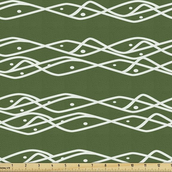 Ambesonne Stripes Fabric by the Yard Upholstery, Horizontal Lines and Dots, 2 Yards, Green and White