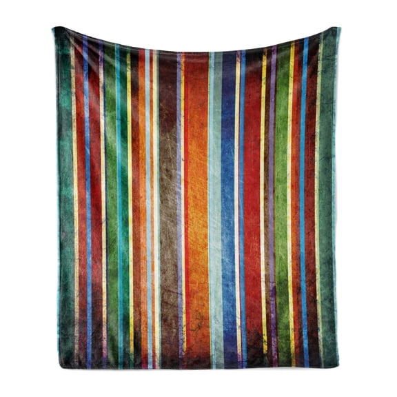 Stripes Soft Flannel Fleece Throw Blanket, Vertical Lines Colorful Retro Bands Damage Effects Old Fashion Weathered Display, Cozy Plush for Indoor and Outdoor Use, 60" x 80", Multicolor, by Ambesonne