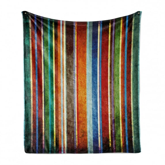 Stripes Soft Flannel Fleece Throw Blanket, Vertical Lines Colorful Retro Bands Damage Effects Old Fashion Weathered Display, Cozy Plush for Indoor and Outdoor Use, 50" x 70", Multicolor, by Ambesonne