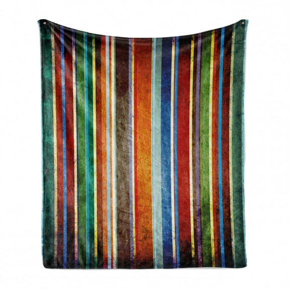 Stripes Soft Flannel Fleece Throw Blanket, Vertical Lines Colorful Retro Bands Damage Effects Old Fashion Weathered Display, Cozy Plush for Indoor and Outdoor Use, 70" x 90", Multicolor, by Ambesonne