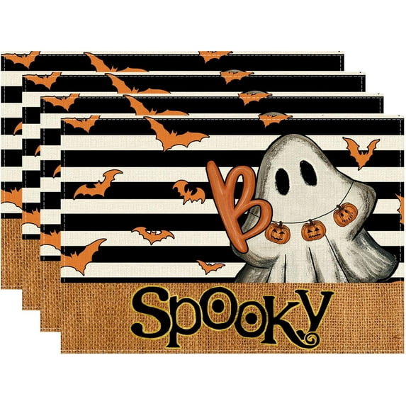 Stripes Spooky Boo Ghost Halloween Placemats Set of 4 Table Mats for Party Home Kitchen Dining Table Decorations 12x18 Inch