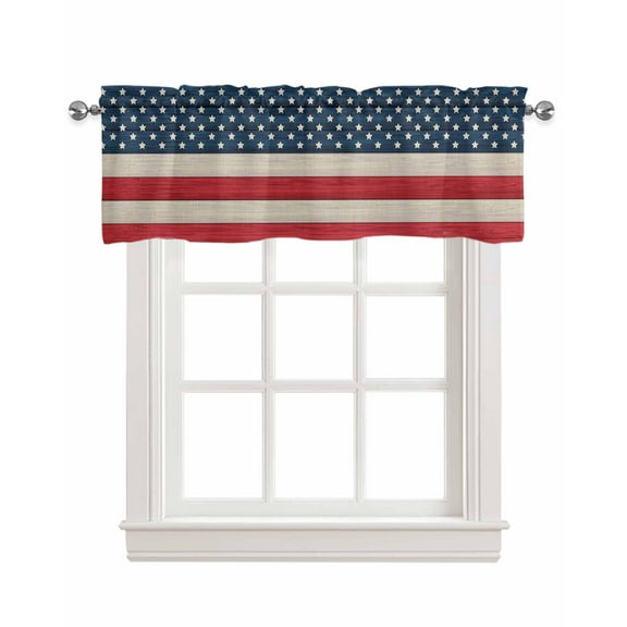 Stripes Star American Flag Linen Curtain Valance for Bedroom/Bathroom/Kitchen/Office/Living/Dining Room Window,4th of July Farmhouse Woodgrain Rod Pocket Topper Decorative Cafe Drapes Panel 42"x12"
