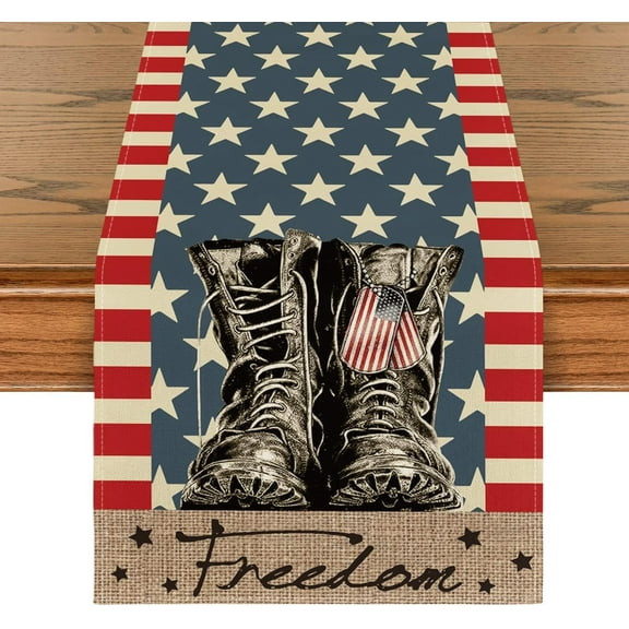 Stripes Stars Boots Freedom 4th of July Patriotic Memorial Day Table Runner, Independence Day Holiday Kitchen Dining Table Decor for Indoor Outdoor Home Party Decoration 13 x 72 Inch