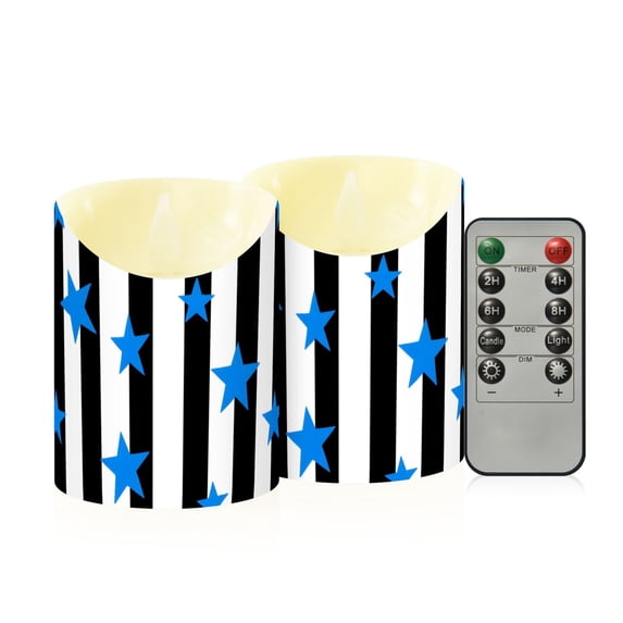 Stripes Stars Pattern Flameless Candles 2 PCS with Remote Realistic Moving Flame LED Tapered Pillar Set for Home Decor