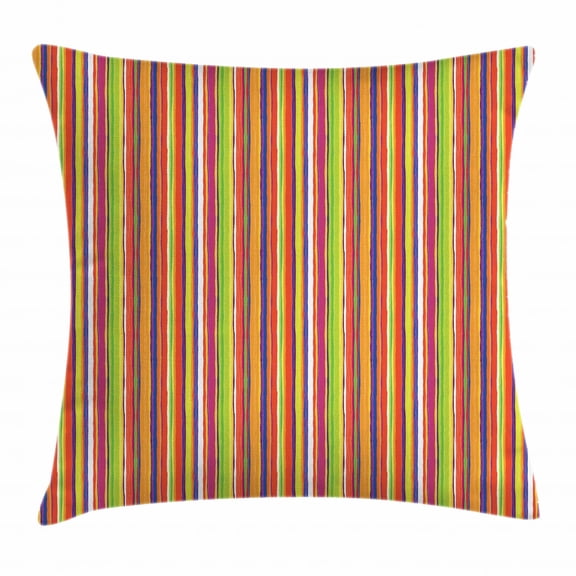 Stripes Throw Pillow Cushion Cover, Hand Drawn Barcode Style Lines Rainbow Colored Abstract Geometric Illustration, Decorative Square Accent Pillow Case, 16 X 16 Inches, Multicolor, by Ambesonne