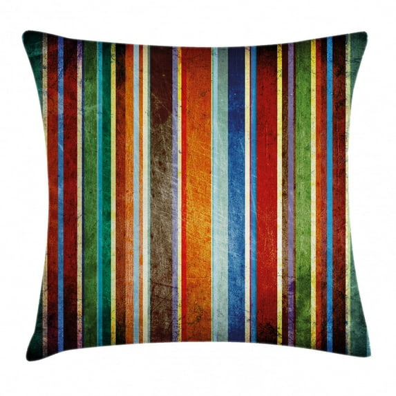 Stripes Throw Pillow Cushion Cover, Vertical Lined Colorful Retro Bands with Damage Effects Old Fashion Weathered Display, Decorative Square Accent Pillow Case, 18 X 18 Inches, Multi, by Ambesonne