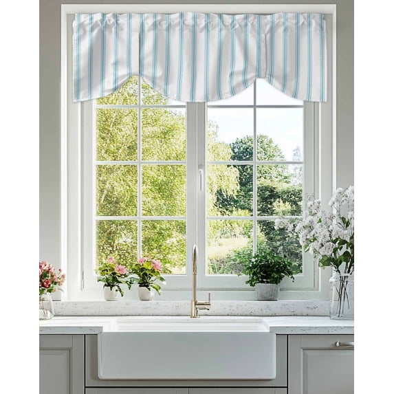 Stripes Tie Up Valances Curtain, Adjustable Kitchen Modern Art Teal Beige Valances for Windows Decor, Rod Pocket Short Curtains Set for Bedroom/Bathroom, 42"x18"