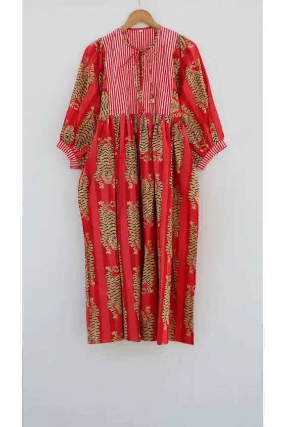 Stripes Tiger Midi Dress, Mini Dress, Long Block Print Dress, Deep Neck with string closer