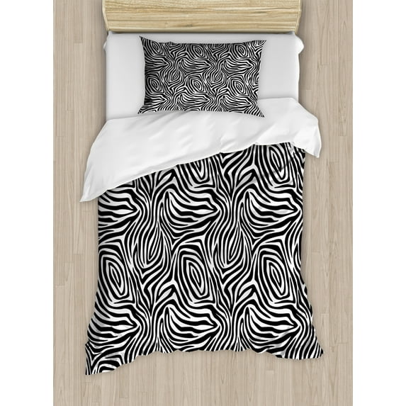 Stripes Twin Size Duvet Cover Set, African Zebra Skin Pattern with Abstract Lines Monochrome Wild Animal Hide Design, Decorative 2 Piece Bedding Set with 1 Pillow Sham, Black White, by Ambesonne