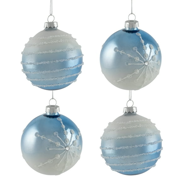 Stripes and Snowflakes Shiny Glass Ball Christmas Ornaments - 3" (80mm) - Blue and White - 4ct
