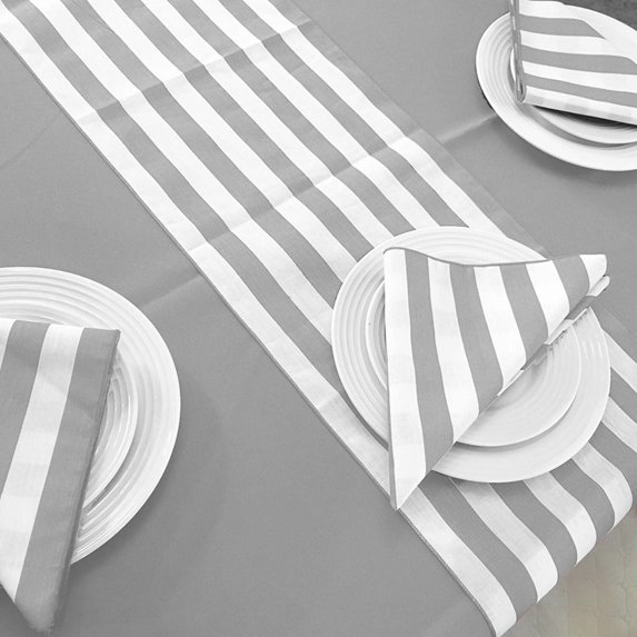 Stripes and Solid Table Linen Set for Formal or Causal Dining with 1 Solid Polyester Tablecloth with a Set of Napkins and Matching Table Runner