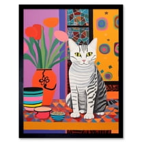 The Stripey Cat Sits Artwork Potted Flower Plant Henri Matisse Style Painting Home Bold Bright Vibrant Folk Art Print Framed Poster Wall Decor 12x16 inch