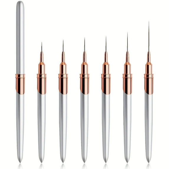 Striping Nail Art Brushes, 6pcs Super Fine Striper Metal Handle Nail Brush Set for Long Lines, Thin Details, Fine Drawing, Delicate Coloring, For Nail Art Fine Designs-Sizes 5/7/9/11/15/25mm (Sliver)