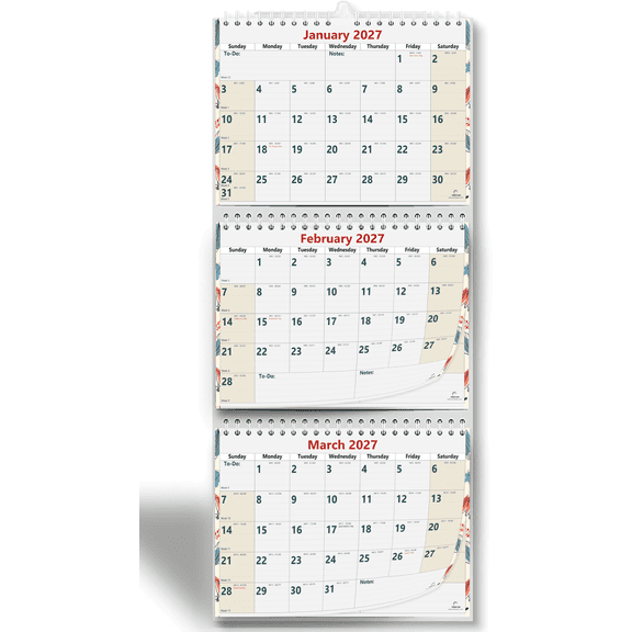 StriveZen 3-Month Wall Calendar 20272028, Large Vertical Move-a-Page, Wire-Bound, 11 x 26 in, January 2027 to December 2028