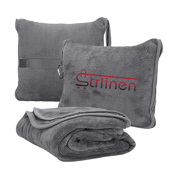 Strlinen Travel Blanket and Pillow - Premium Soft 3  in 1 Airplane Blanket with Soft Bag Pillowcase, Hand Luggage Sleeve and Backpack Clip (Grey)