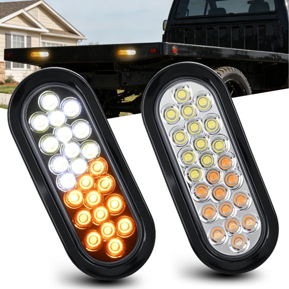 Strobe Light 2PCS 6Inch Oval 24 LED Amber White Recessed Rubber Grommet Marker Clearance Road Flare High-Visibility Warning Lights IP67 Waterproof for Trailer Truck Pickup Camper RV Boat