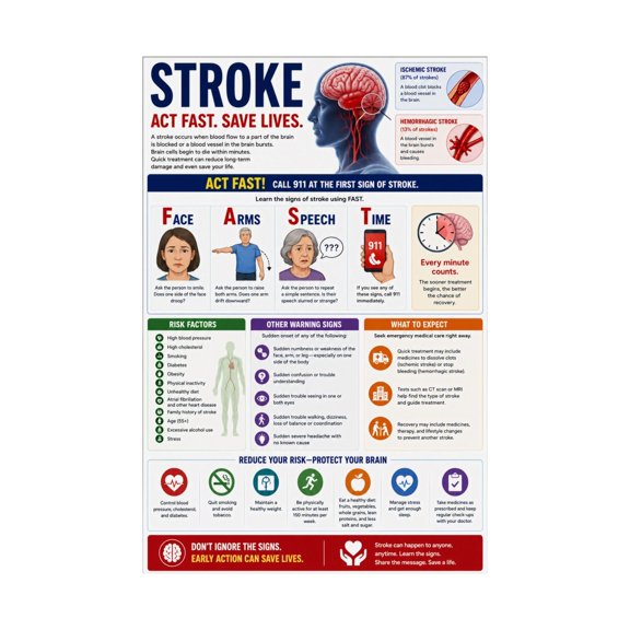 Stroke Awareness FAST Signs Symptoms Prevention Poster