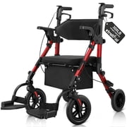 StrollAid Rollator Walkers for Seniors with Seat, Walker Wheelchair Combo, 2 in 1 Rolling Walker Transport Wheelchair Lightweight Foldable, 10" Big Wheels Transport Chair with Brakes, Red