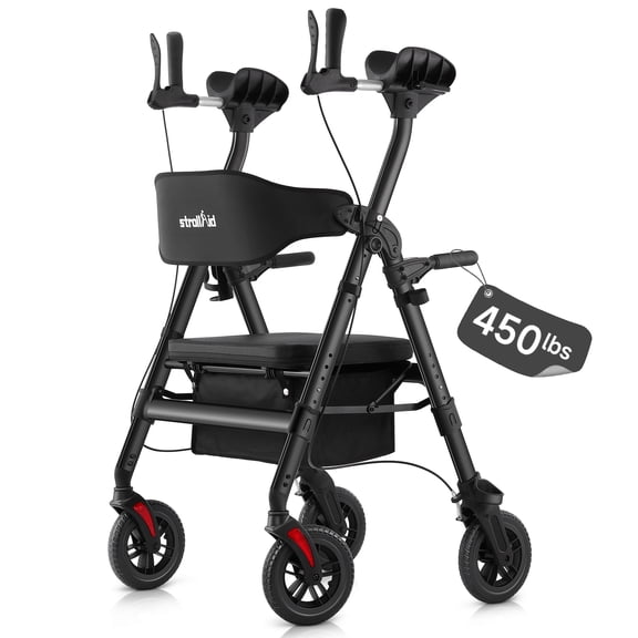 StrollAid Upright Walkers for Seniors, 450 lb Heavy Duty Stand Up Rollator Walker with Adjustable Soft Sponge Armsupport & Seat, Tall Standing Folding Rolling Walker with 8'' Wheel, Black
