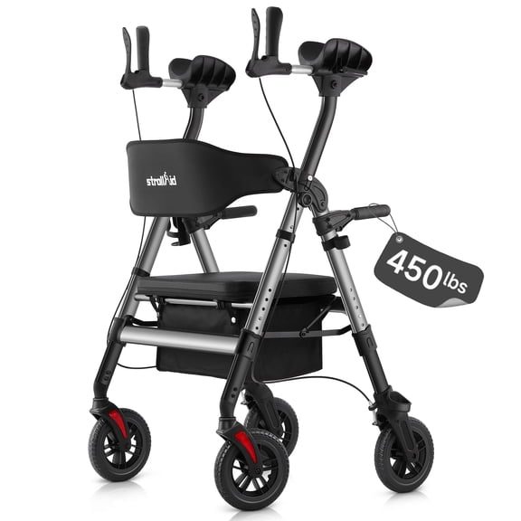 StrollAid Upright Walkers for Seniors, 450 lb Heavy Duty Stand Up Rollator Walker with Adjustable Soft Sponge Armsupport & Seat, Tall Standing Folding Rolling Walker with 8'' Wheel, Grey