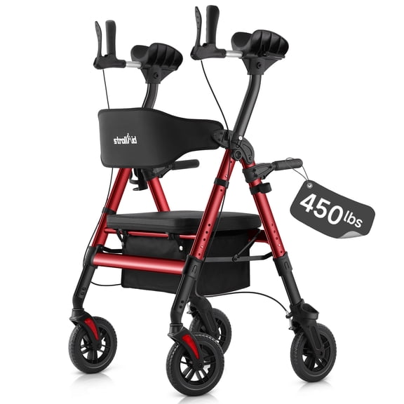 StrollAid Upright Walkers for Seniors, 450 lb Heavy Duty Stand Up Rollator Walker with Adjustable Soft Sponge Armsupport & Seat, Tall Standing Folding Rolling Walker with 8'' Wheel, Red