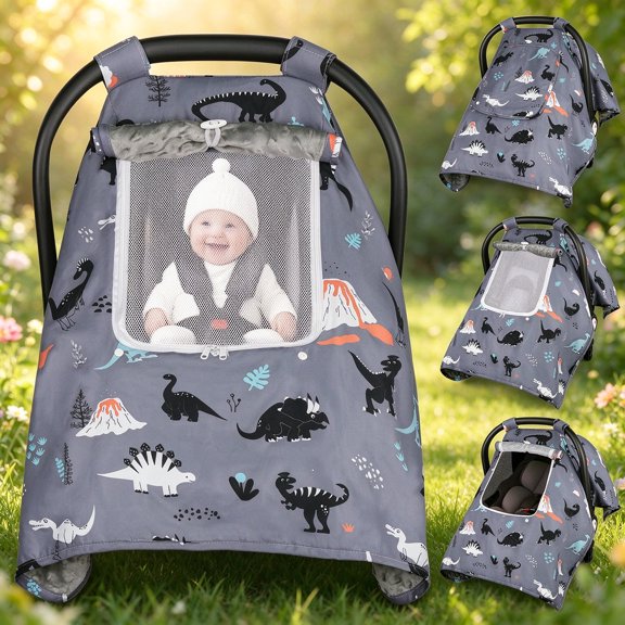 Stroller Canopy Cover with Mesh Peek Window, Dinosaur Print Wind & Sun Shield for Outdoor Travel