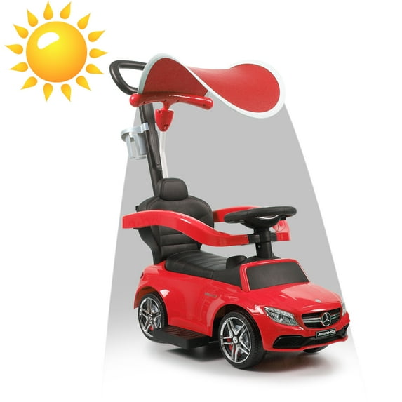 Stroller Car for Toddlers, 3 in 1 Licensed Mercedes Benz Ride on Car W/Canopy, Parent Handle, Guardrail, Safety Bar, Cup Holder, Storage, Music, Horn, Baby Push Walking Car for 1-3 Years, Red, D4983