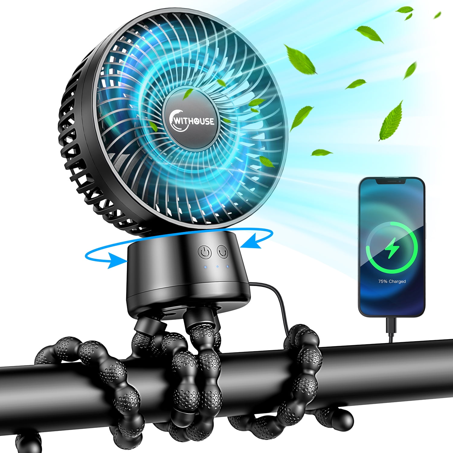 Stroller Fan with 90 Auto Oscillating, Extended Anti-Slip Detachable Tripod, Power Bank & LED Light, 3-Speed Quiet Cooling Clip On Fans for Baby Crib Car Seat Travel