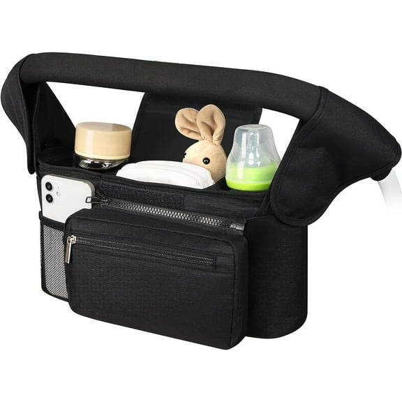 Stroller Organizer with Insulated Cup Holder, Universal Stroller Organizer with Detachable Phone Bag and Shoulder Strap, Stroller Cup Holder Organizer Fits for Uppababy, Baby Jogger Strollers