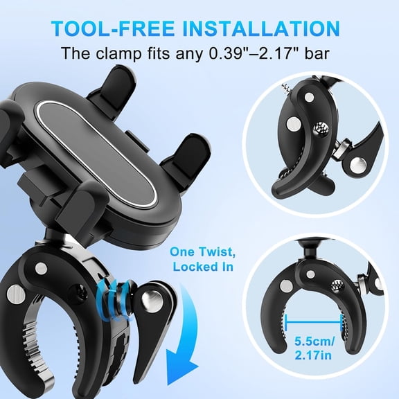 Stroller Phone Holder, Universal Handlebar Phone Mount with 360 Rotation for Golf Cart, Shopping Cart, Spin Bike, Treadmill & Boat - Clamp Fits All iPhone & Android Phones