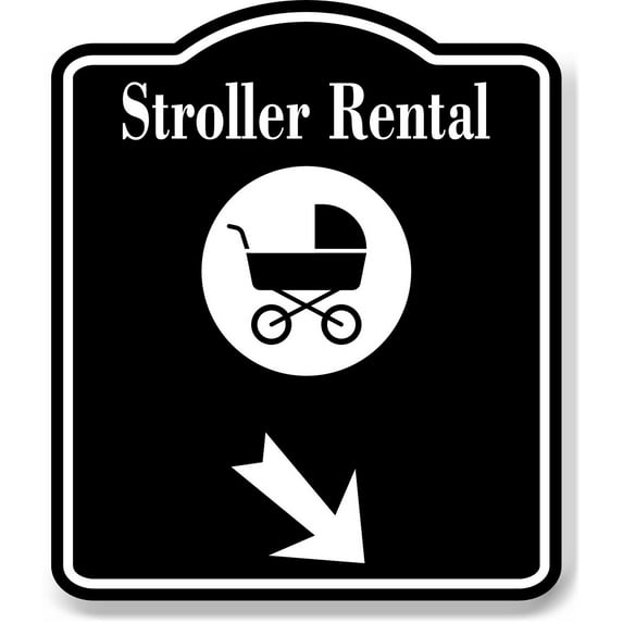 Stroller Rental 45 Degree Down Right Arrow BLACK Aluminum Composite Sign, 20"x24"