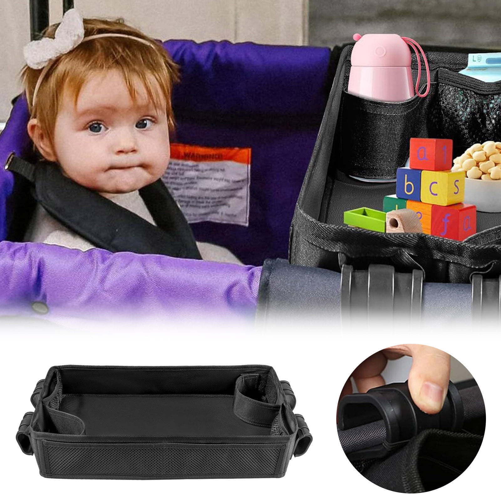 Stroller Snack Tray Durable Design with Extra Thick Base Leather Sides and Mesh Pockets for Better Storage Solutions