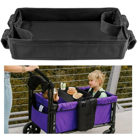 Stroller Snacks Tray for Wonderfold Wagon W2&W1, Double Sided Bottom Padding - Storage Mesh Pockets - 2 Kid’s Cup Holders, Faux Leather Polyester Side Easy to Clean for Eating & Activities Black