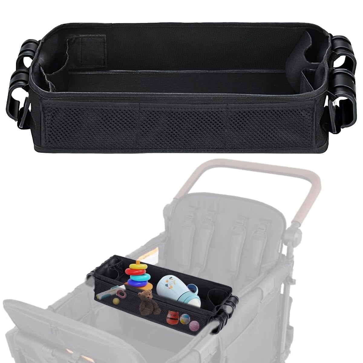Stroller Snacks Tray for Wagon W4, Double Sided Bottom Padding - Storage Mesh Pockets - 2 Kid’s Cup Holders, Faux Leather Polyester Side Easy to Clean for Eating & Activities(W4 Series)