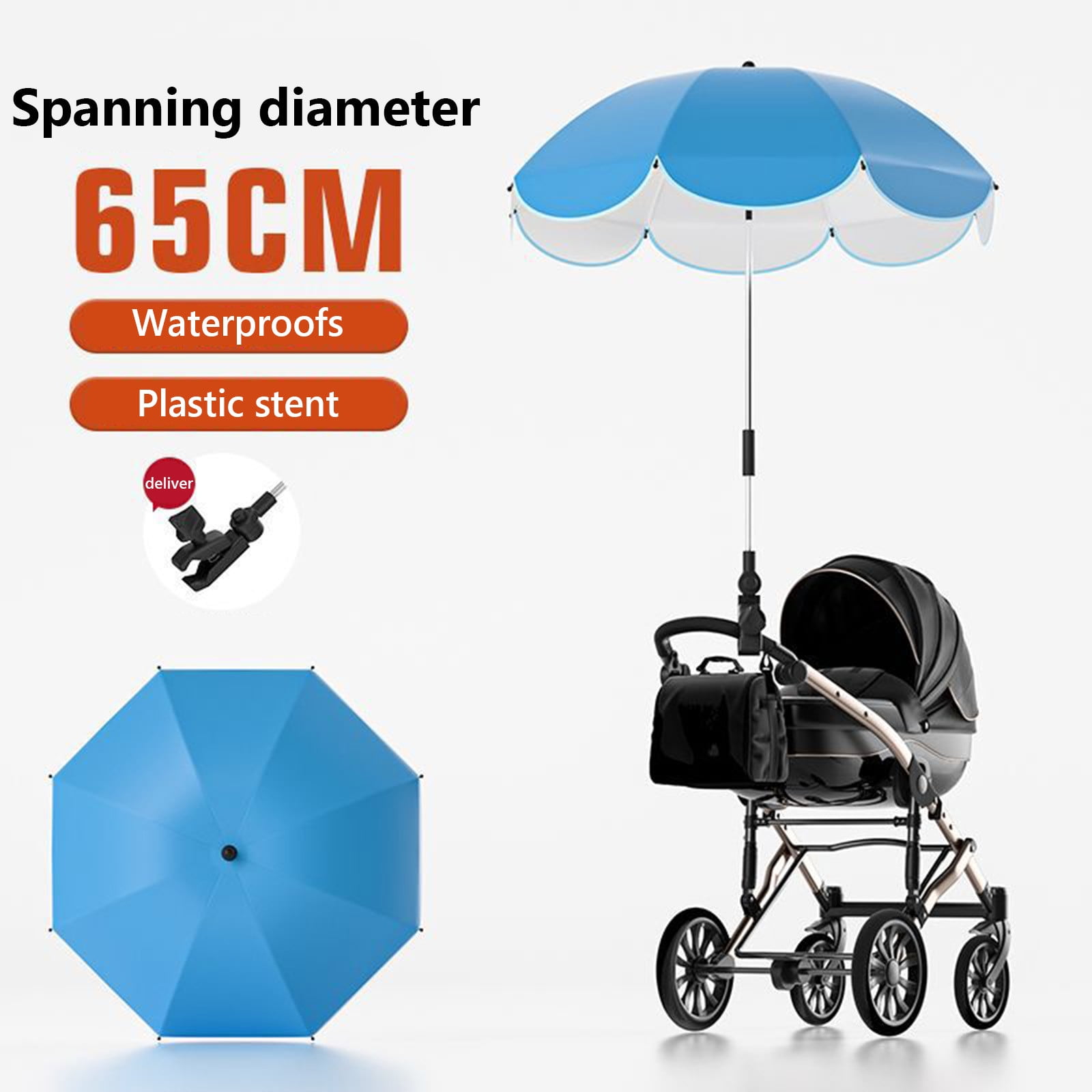 Clip on pram umbrella outlet