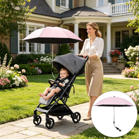 Stroller Sun Umbrella, UPF50+ Clip on Baby Parasol with 360° Adjustable Clamp, Universal Shade for Wagons, Camping Carts, Tricycles, and Pushchairs