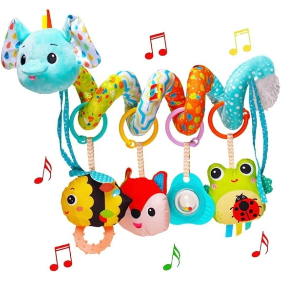 Stroller Toys, Car Seat Toys for Babies Infants 0-6 Months, Activity Spiral Plush Toys Hanging Toys Gift for Baby Boys and Girls 0 3 6 12 Months Newborn Sensory Toys with Rattles Squeaker Music -Blue