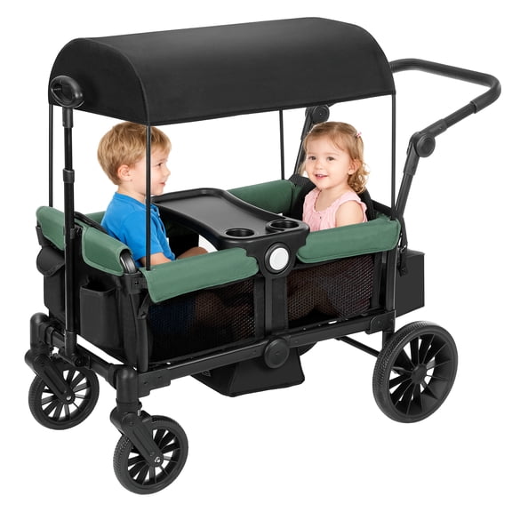 Bobiber Collapsible Wagon Stroller 2 Seater with 3-Point Harnesses, Canopy, Storage Bag, Adjustable Handlebar, 2 Cup Holders, Black