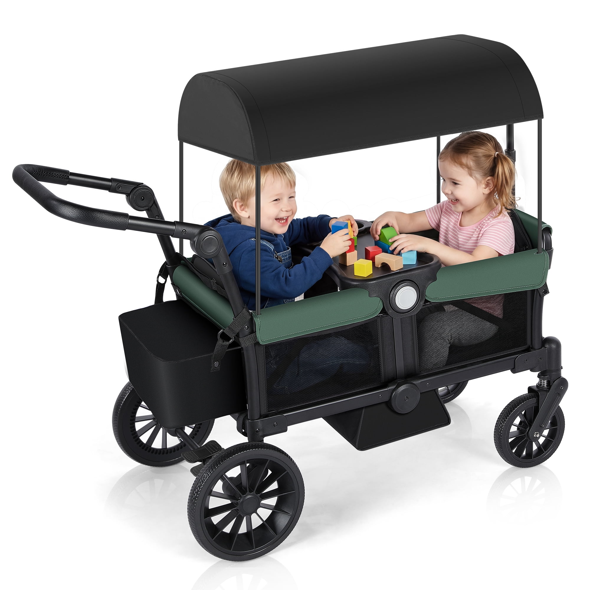 Bobiber Collapsible Wagon Stroller 2 Seater with 3-Point Harnesses, Canopy, Storage Bag, Adjustable Handlebar, 2 Cup Holders, Black