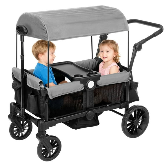 Bobiber Collapsible Wagon Stroller 2 Seater with 3-Point Harnesses, Canopy, Storage Bag, Adjustable Handlebar, 2 Cup Holders, Gray