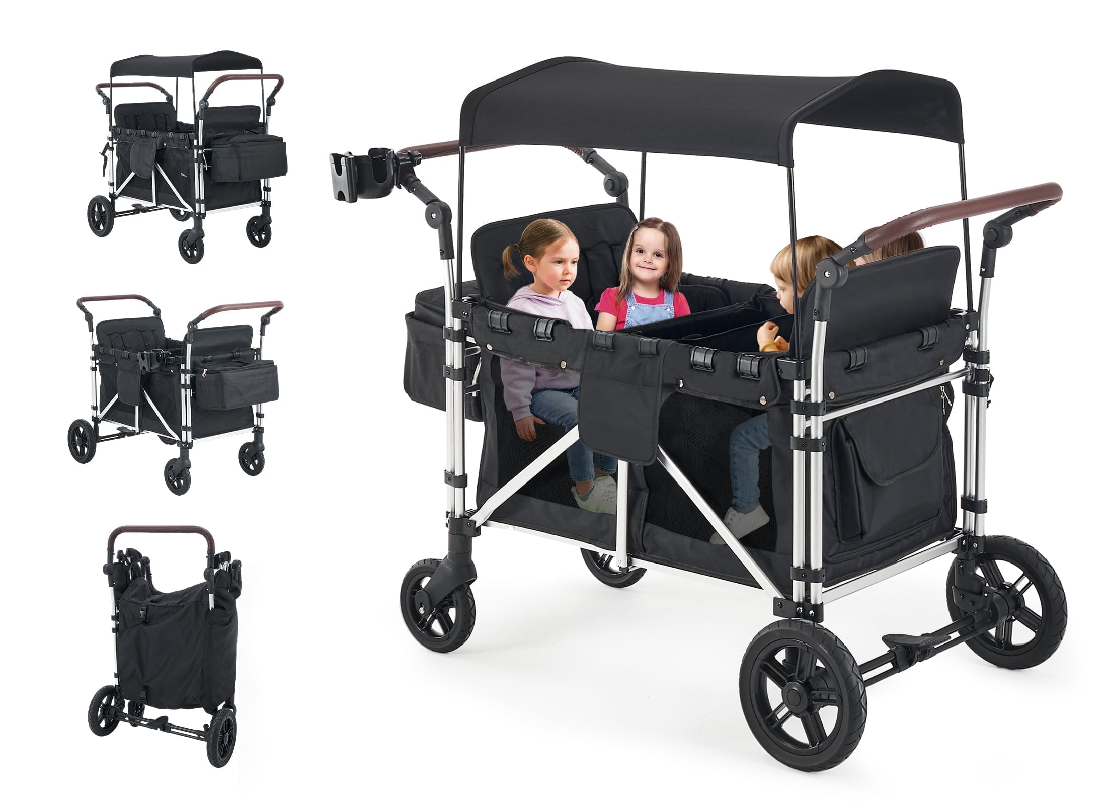 Stroller Wagon for 4 Kids, Deygia Wagon Cart Featuring 4 High Seat with 5-Point Harnesses and Adjustable Canopy, Foldable Double Push Bar Wagon Stroller for Garden, Stroller, Camping (Black)