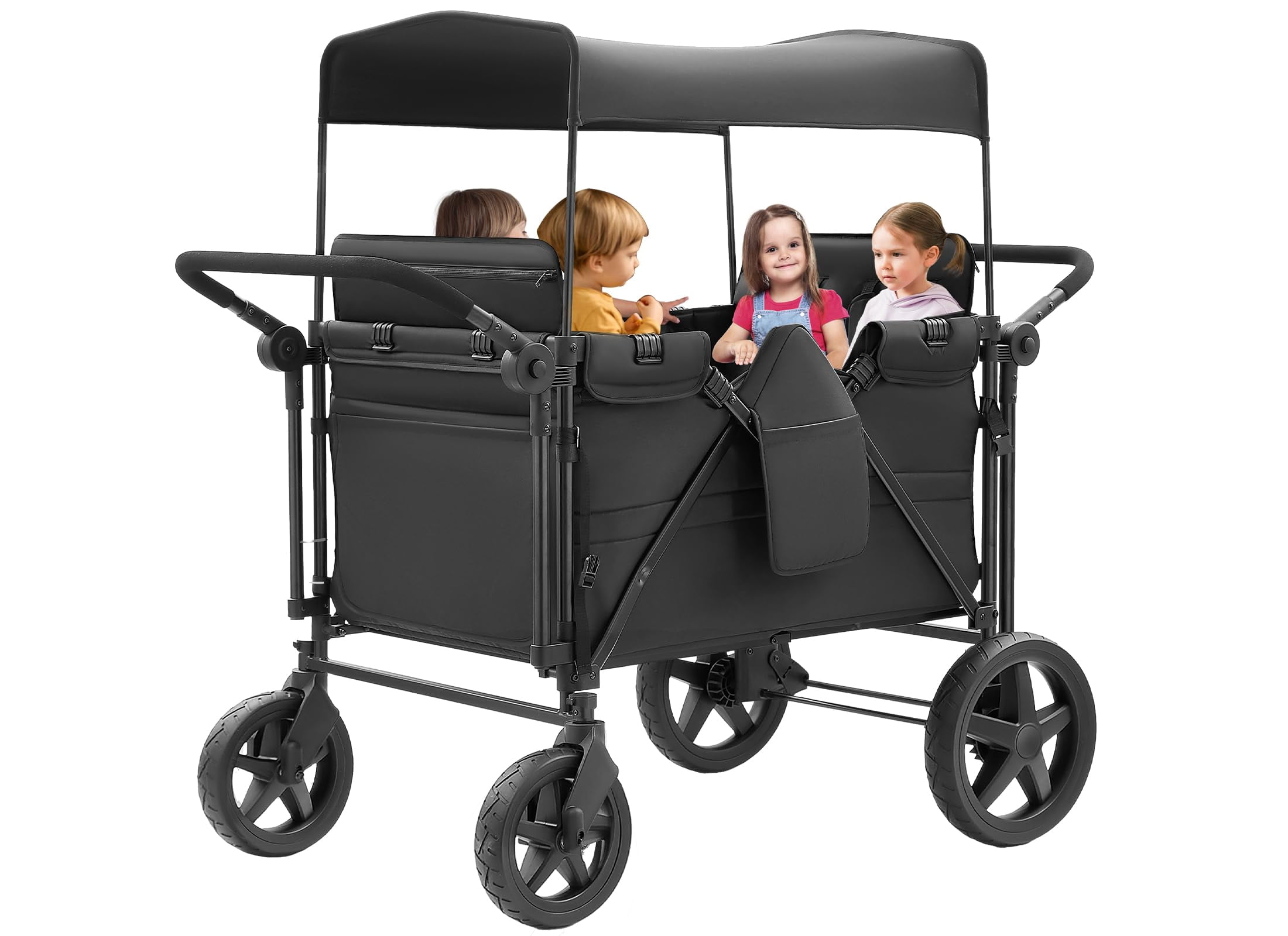 Linor Wagon Stroller for 4 Kids, Wagon Cart Featuring Snack Tray with Storage Bag and Adjustable Canopy, Foldable 4 Seater Wagon Stroller for Garden, Stroller, Camping