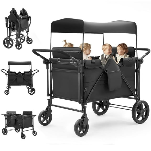 Wagon Stroller for 4 Kids, 4 Seater Stroller Wagon Foldable Featuring Dual Push Handles, Adjustable Canopy, 5-Point Harnesses and High Seat, Outdoor, Black
